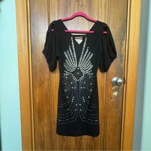 Bisou Bisou Michele Bohbot Black Embellished Low V-Neck, Bodycon  Dress (M)(6)